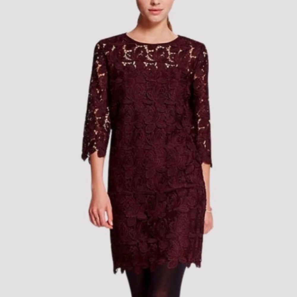 LOFT Burgundy Maroon Floral Lace Crew Neck 3/4 Sleeve Sheath Midi Dress, 4